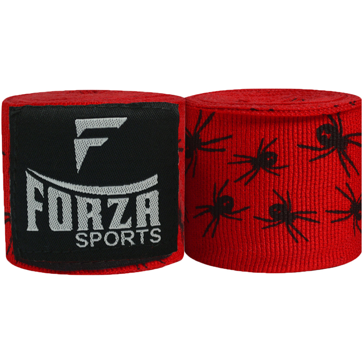 Red boxing hand wraps with black spider design and Forza Sports logo on a white background