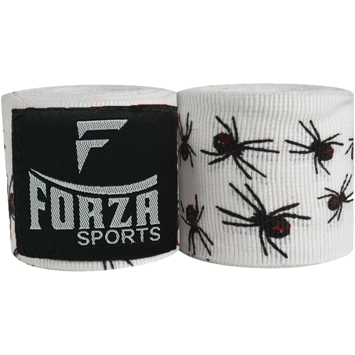 Two rolls of boxing hand wraps, one black with Forza Sports logo and the other white with spider design, on a white background.