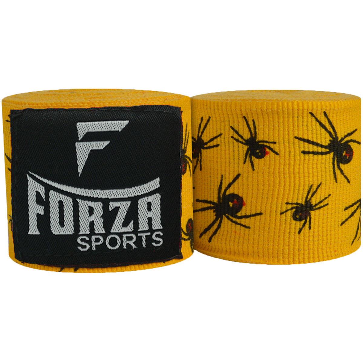 Yellow boxing hand wraps with black spider design and Forza Sports logo on a white background