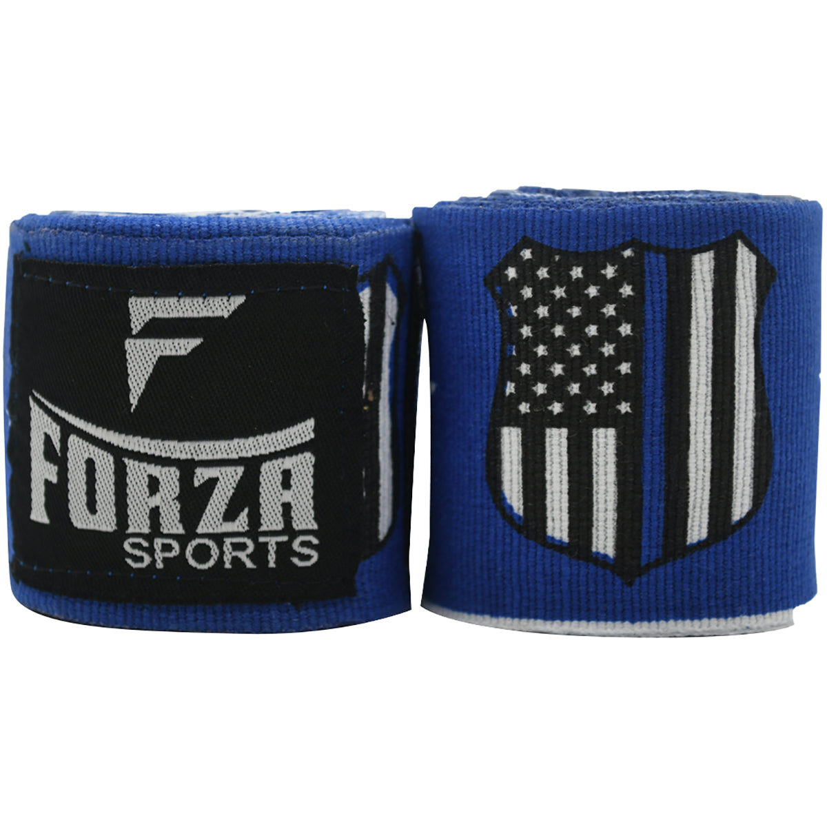 Two blue boxing hand wraps with American flag design and Forza Sports logo on a white background.