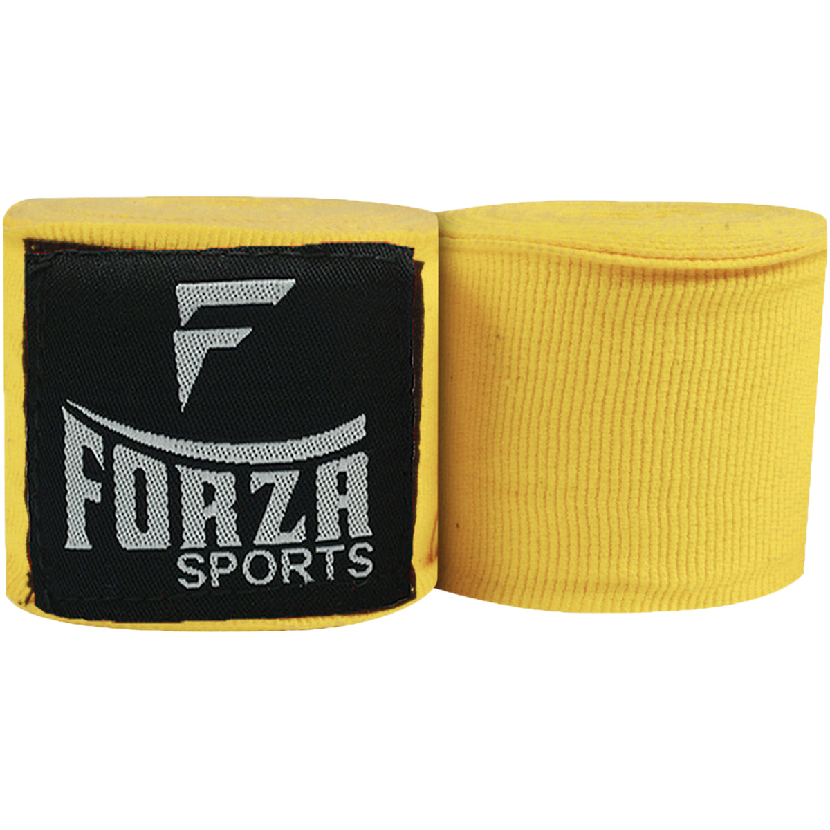 Yellow boxing hand wraps with black Forza Sports label on a white background