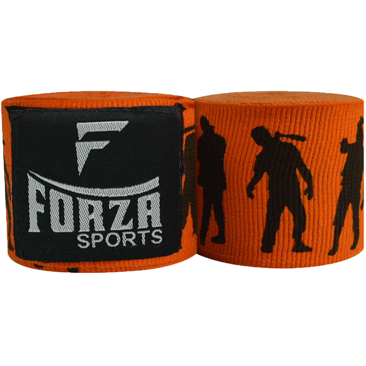 Orange boxing hand wraps with black silhouettes and Forza Sports logo on a white background
