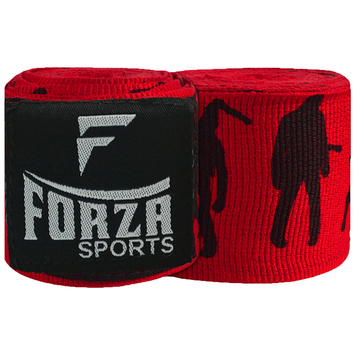 Red and black boxing hand wraps with Forza Sports logo on a white background