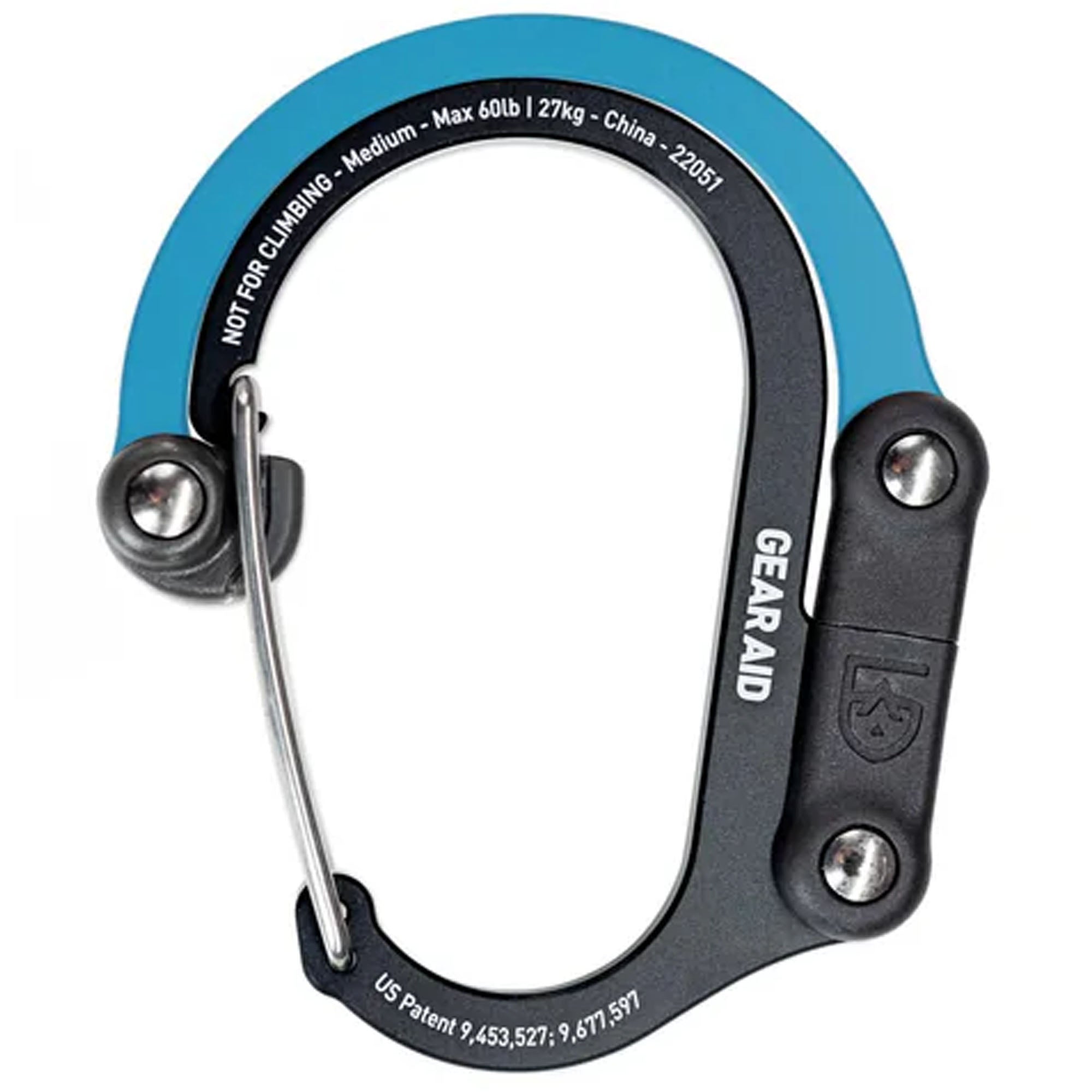 Black and blue carabiner with 'GEAR-AID' branding on a white background