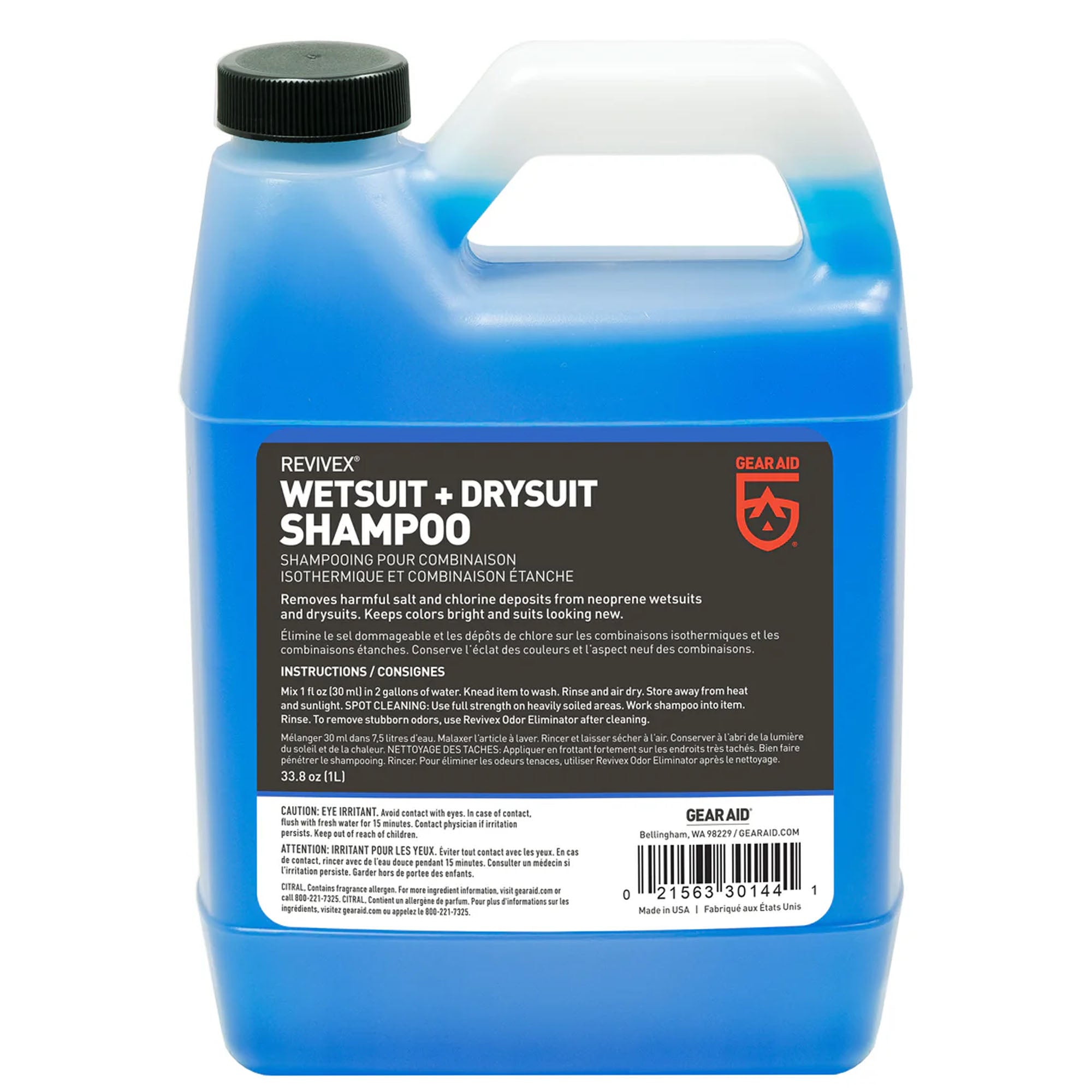 Blue container of Revivex wetsuit and drysuit shampoo on a white background