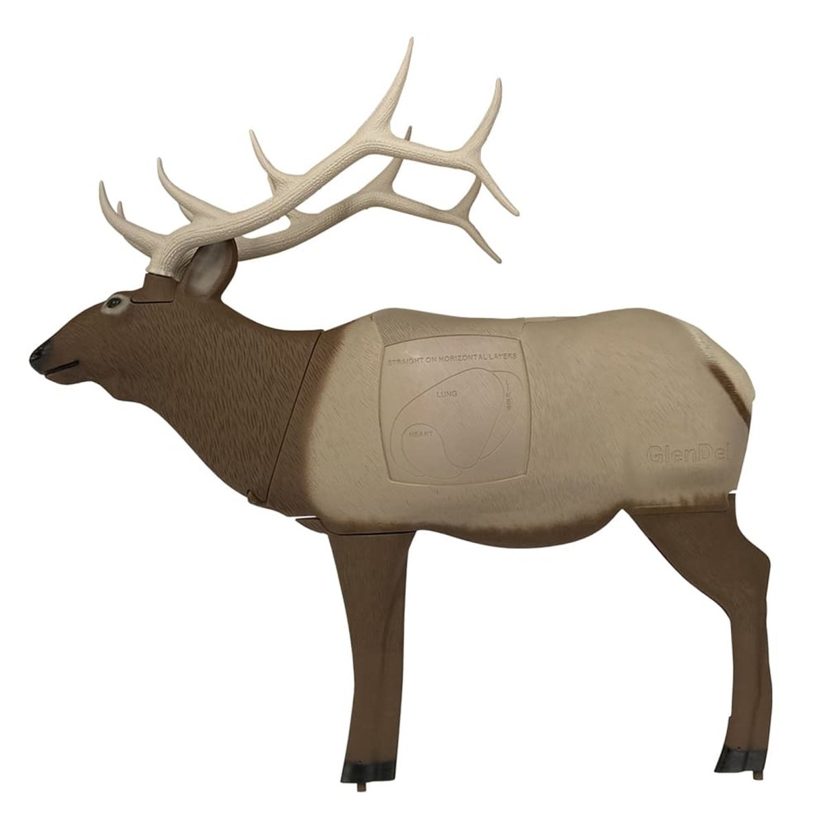 Deer-shaped 3d archery target with beige body and white antlers on a white background