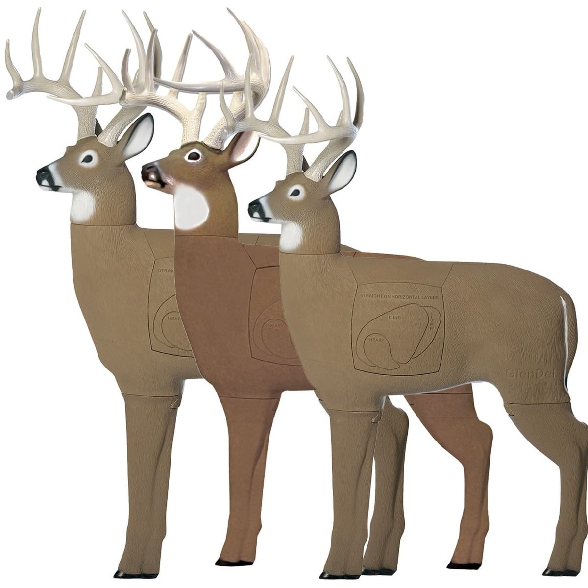 Three deer-shaped target buck sided insert with realistic brown and white coloring on a white background