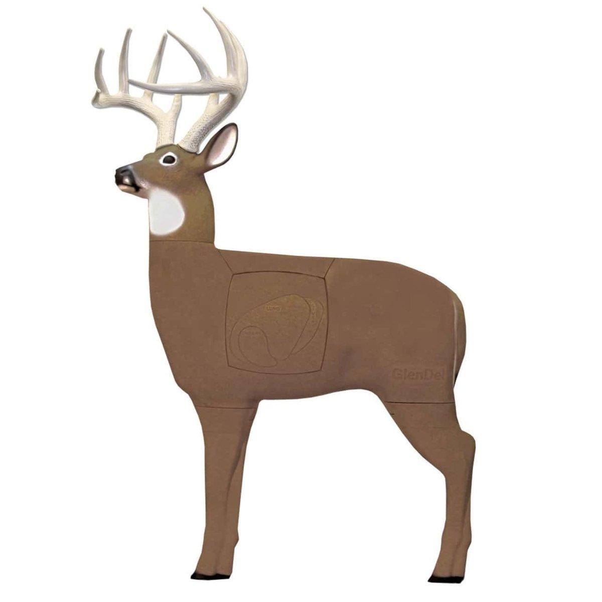 Deer-shaped pre rut buck target with brown body and white antlers on a white background