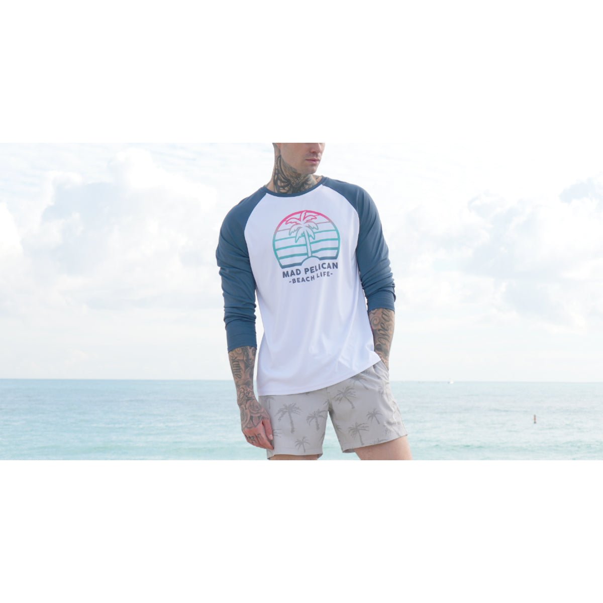 Mad Pelican Ombre Palm Shade Sun Kicker Raglan UV Long Sleeve T-Shirt - White - Forza Sports
