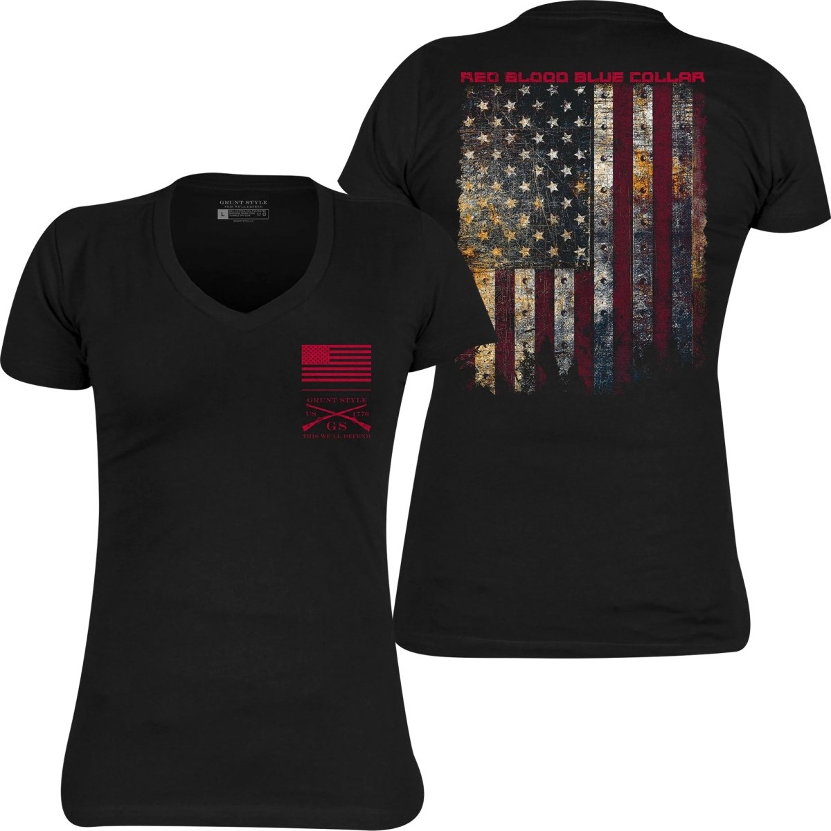Grunt Style Women's Red Blood Blue Collar V - Neck T-Shirt - Black - Forza Sports