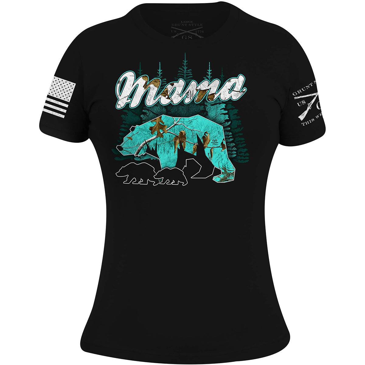 Grunt Style Women's Realtree Xtra Sea Glass Mama Bear T-Shirt - Black Grunt Style