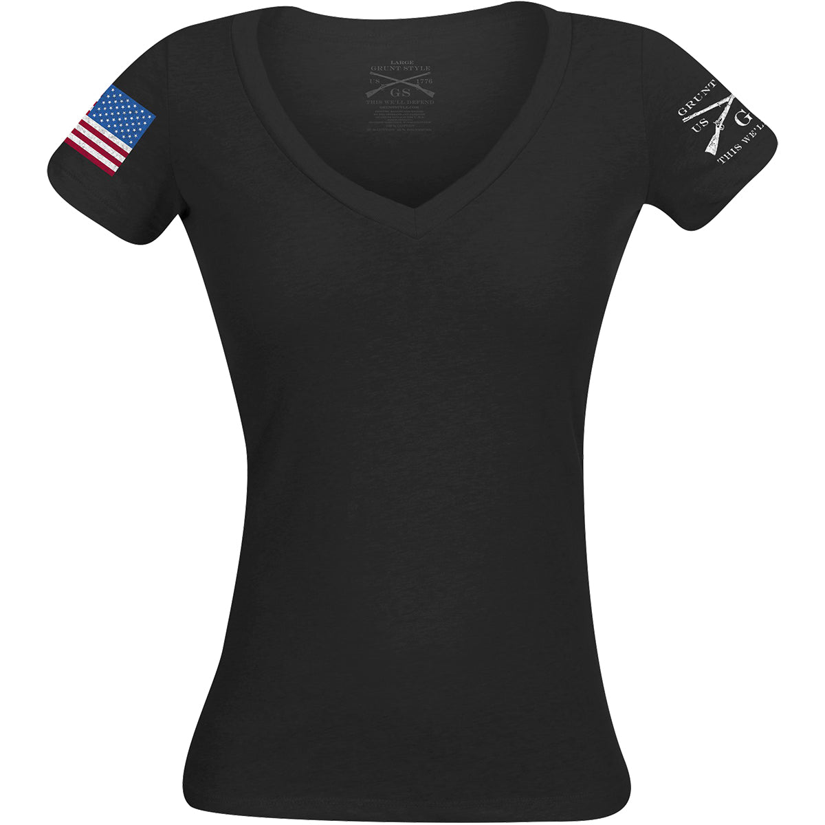 Grunt Style Women's Full Color Flag Basic V - Neck T-Shirt - Black - Forza Sports