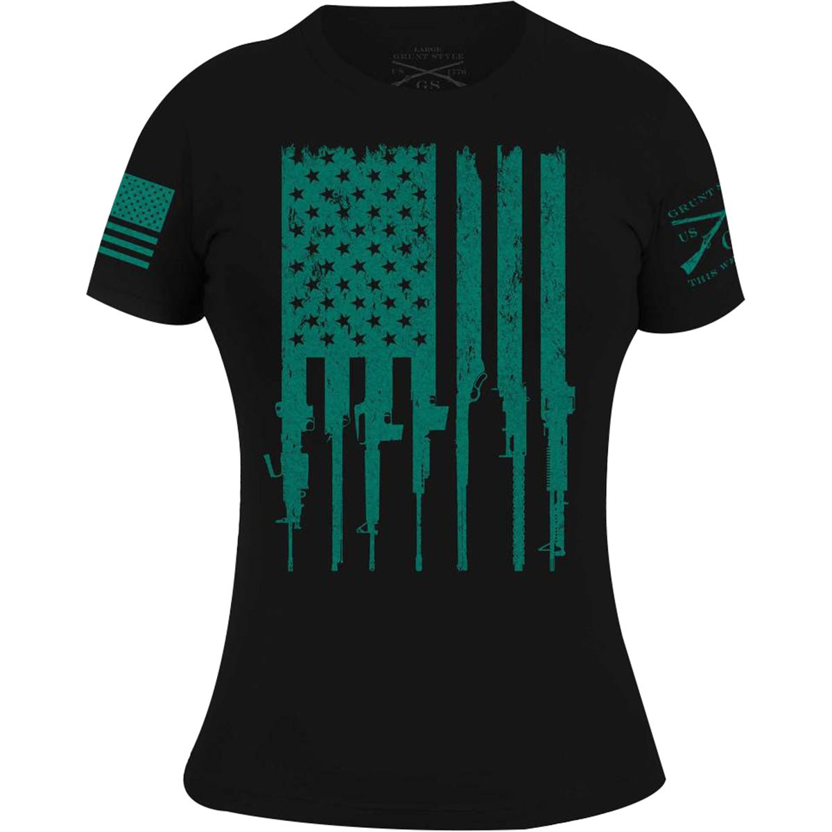 Grunt Style Women's Rifle Flag Crewneck T-Shirt - Black/Teal - Forza Sports