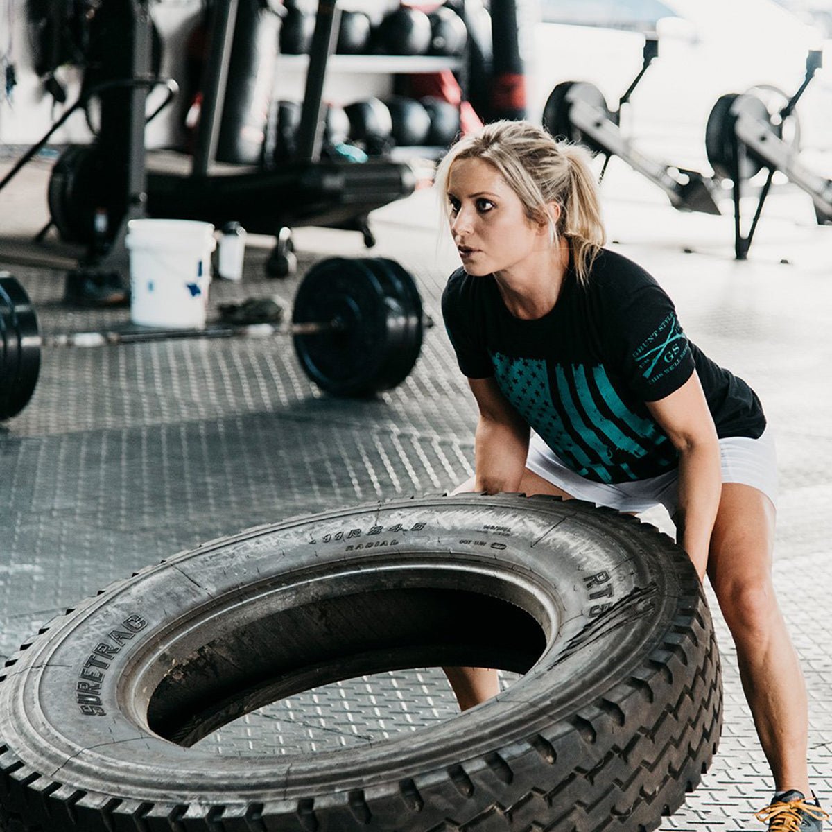 Grunt Style Women's Rifle Flag Crewneck T-Shirt - Black/Teal - Forza Sports