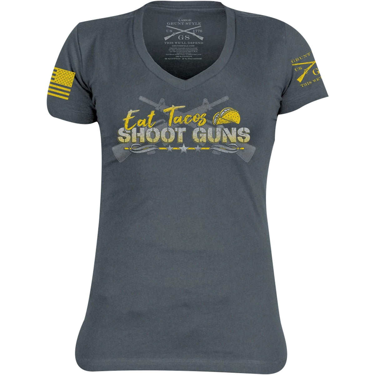 Grunt Style Women's Eat Tacos Shoot Guns V-Neck T-Shirt - Dark Gray Grunt Style