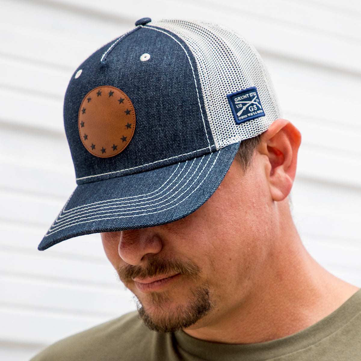 Grunt Style Betsy Ross Faux Leather Patch Denim Hat - Blue Grunt Style