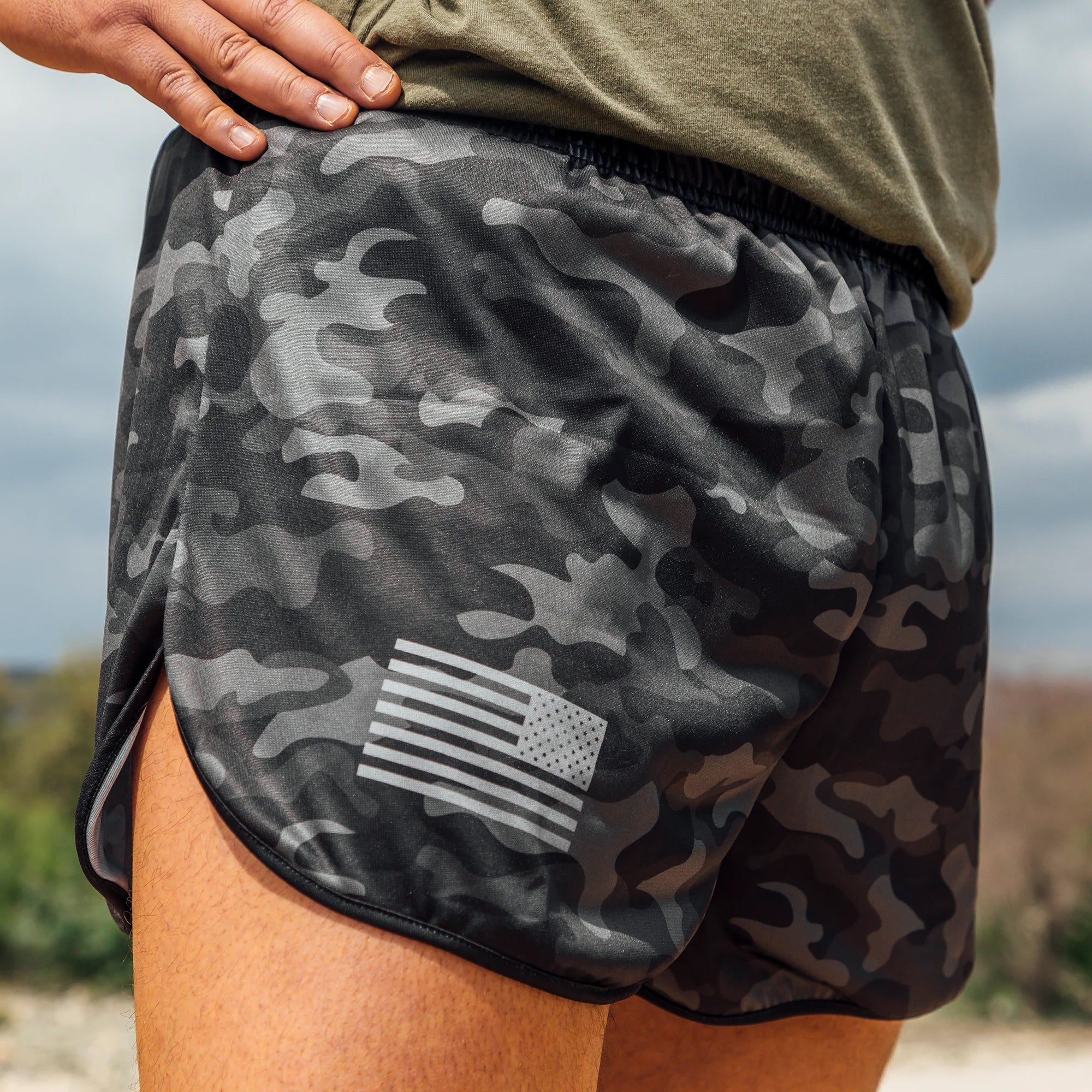 Person wearing Grunt Style Ranger Panties Shorts - black camo