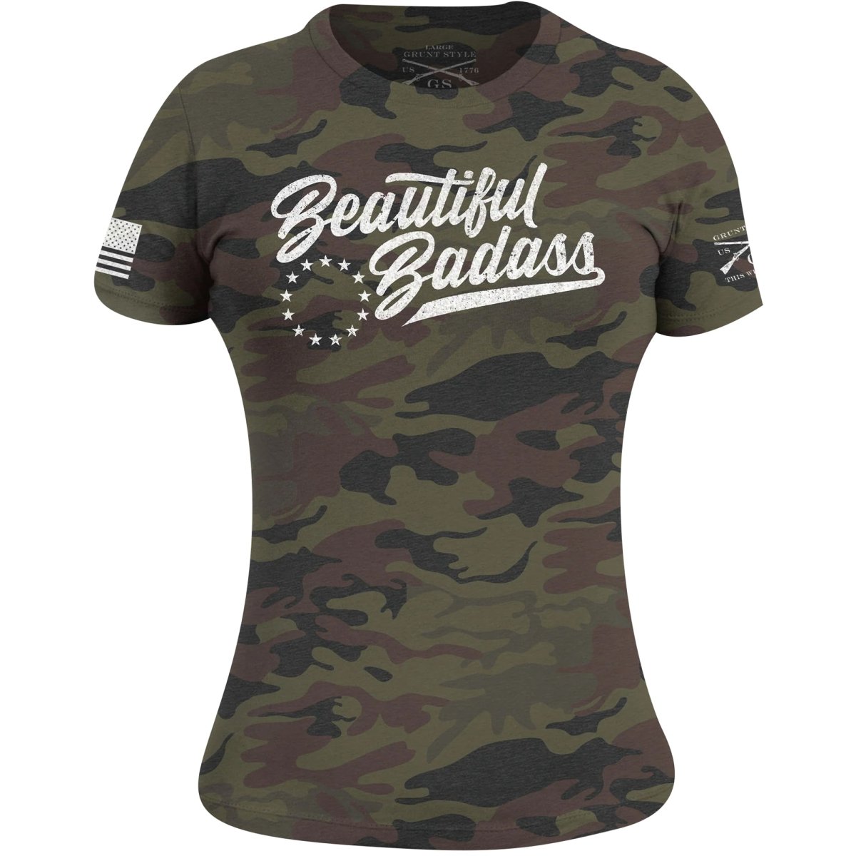 Grunt Style Women's Beautiful Badass T-Shirt - Woodland Camo - Forza Sports