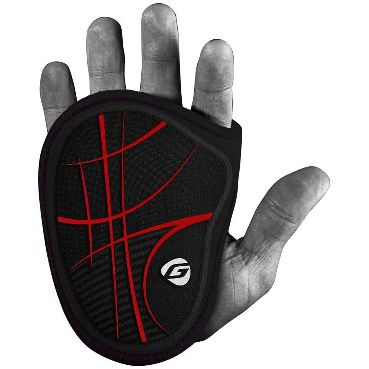 Black glove with red design on a white background