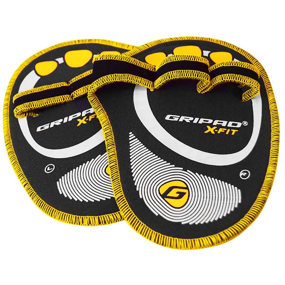 Pair of black and yellow Gripad X-Fit shoe inserts on a white background