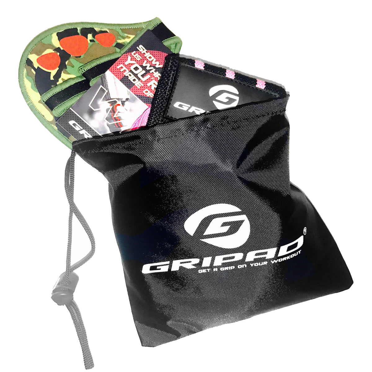 Black drawstring bag with Gripad branding containing various items on a white background
