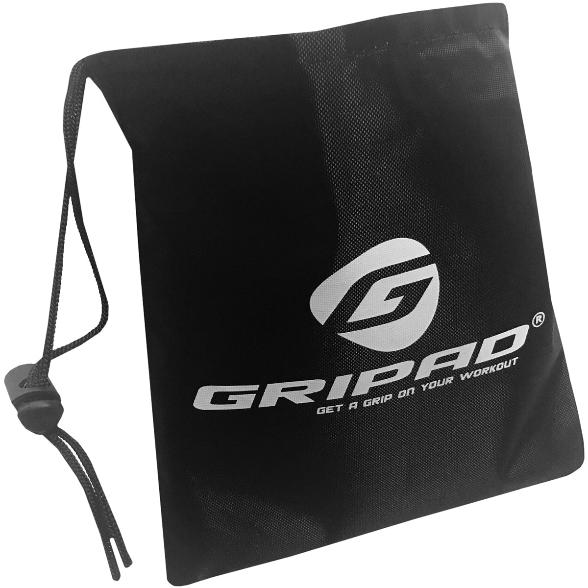 Black drawstring bag with Gripad logo and text on a white background