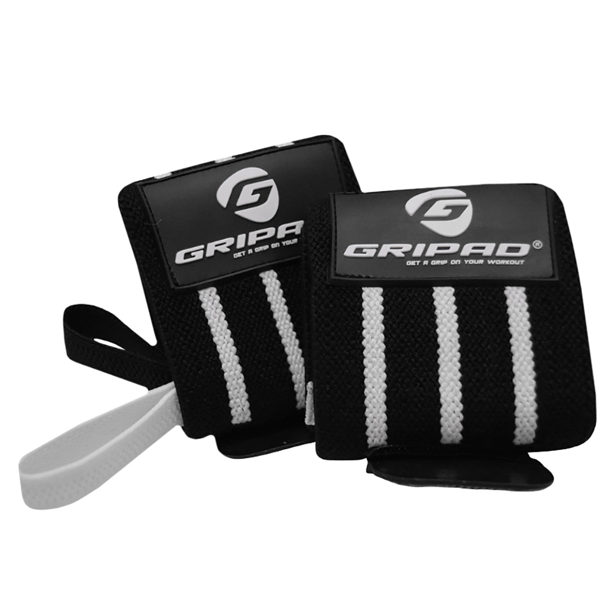 Two black wrist wraps with white straps and 'Gripad' branding on a white background.