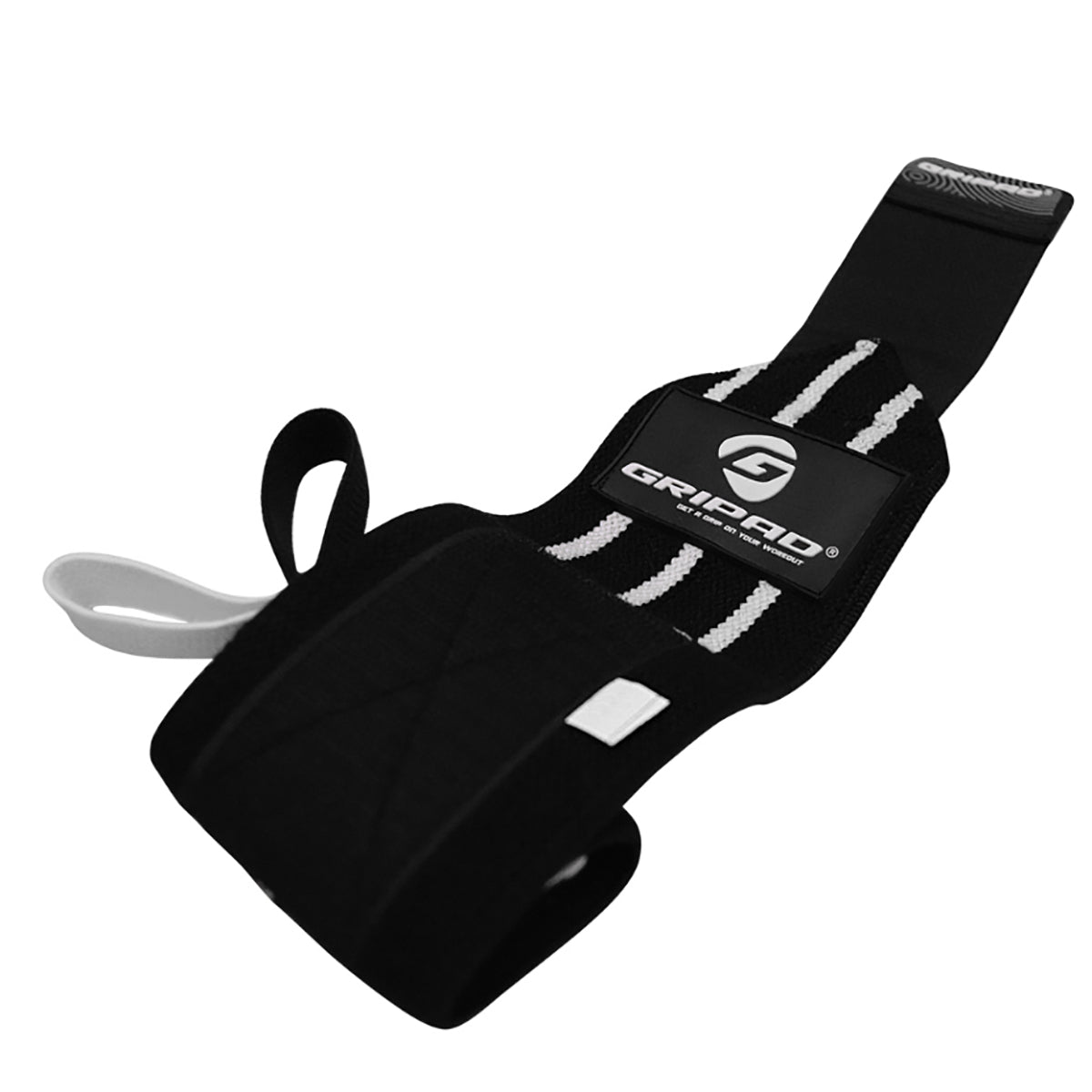 Black wrist support brace with white accents on a white background