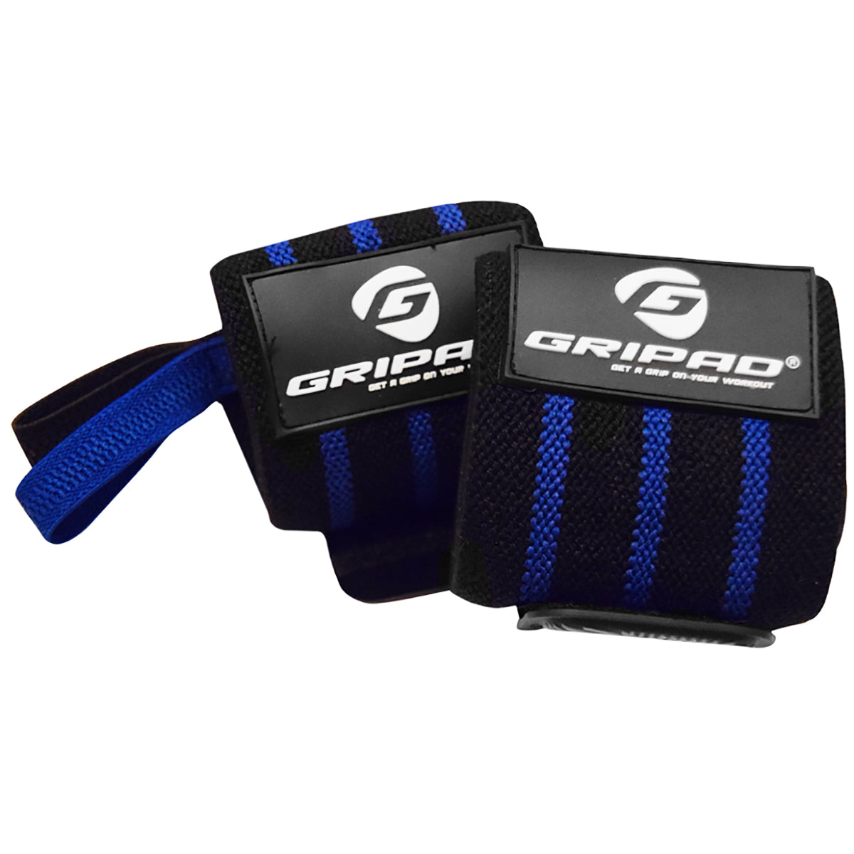 Pair of black wrist wraps with blue accents and Gripad logo on a white background