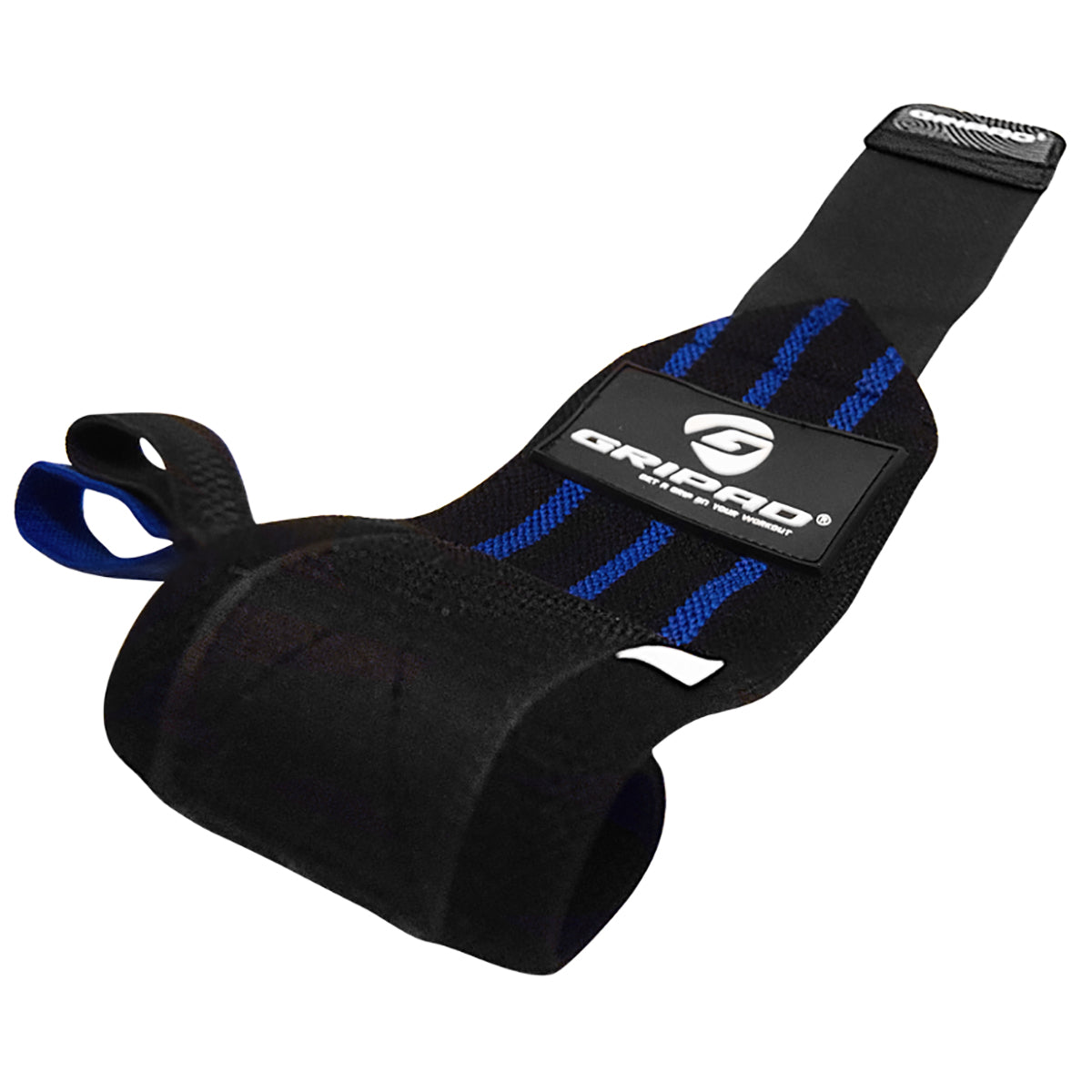 Black wrist support with blue accents and a brand logo on a white background