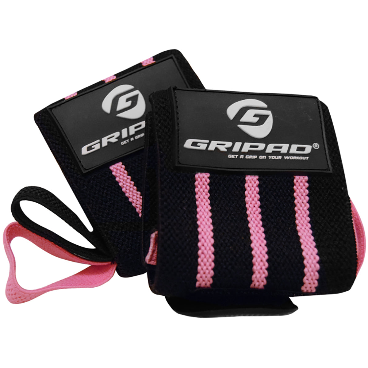 Pair of black wrist wraps with pink straps and Gripad logo on a white background