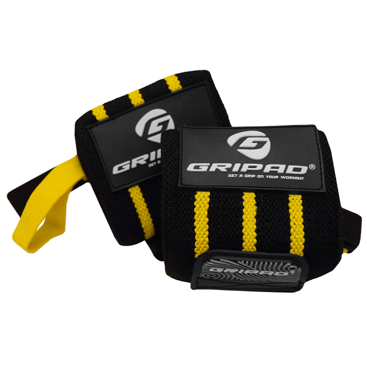 Two black wrist straps with yellow accents and Gripad branding on a white background.