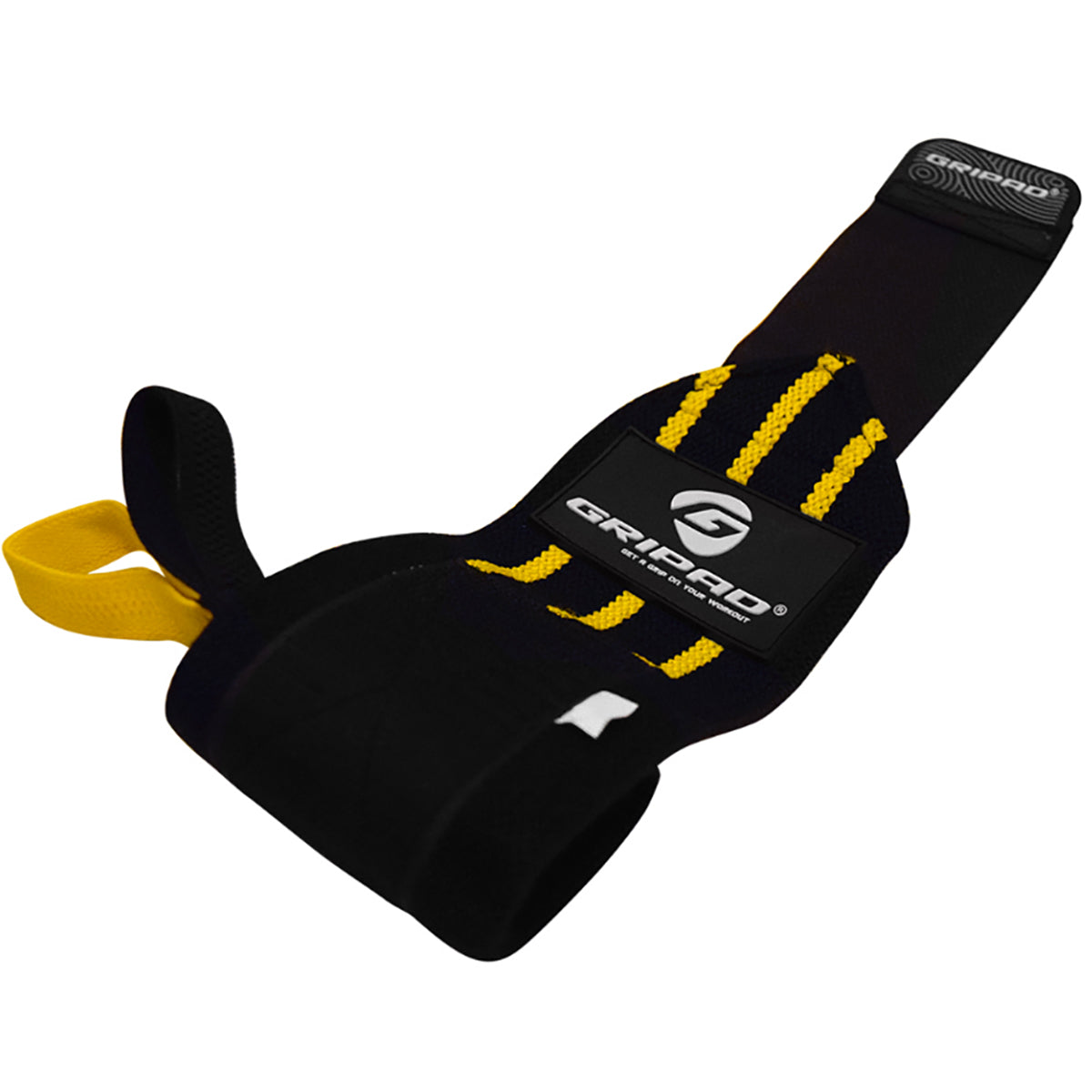 Black wrist support with yellow accents and 'Gripad' branding on a white background