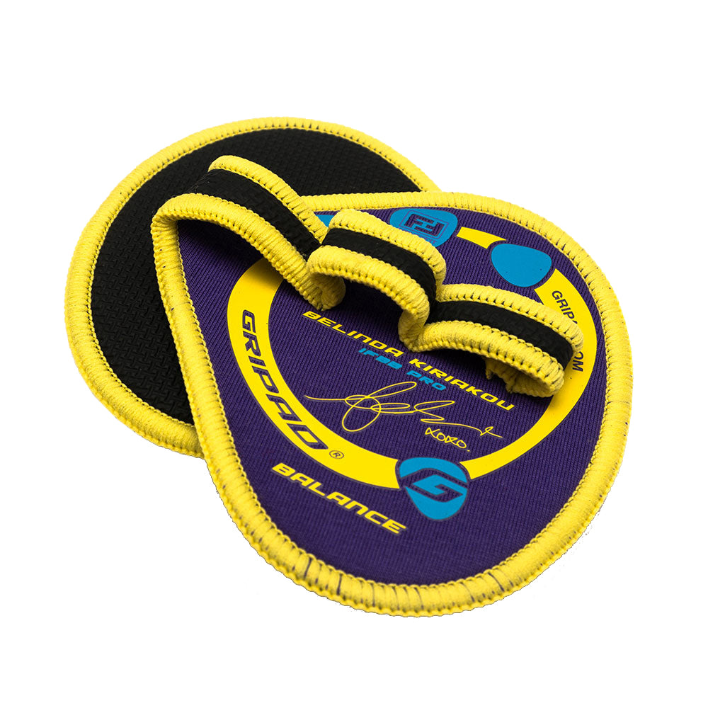 Two yellow and purple frisbees with a brand logo on a white background