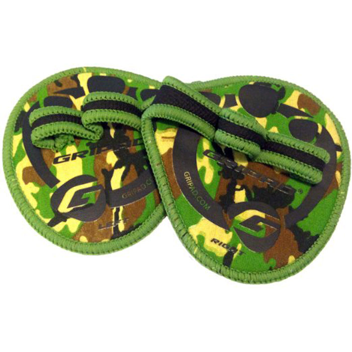 Camouflage-patterned green straps with a brand logo on a white background