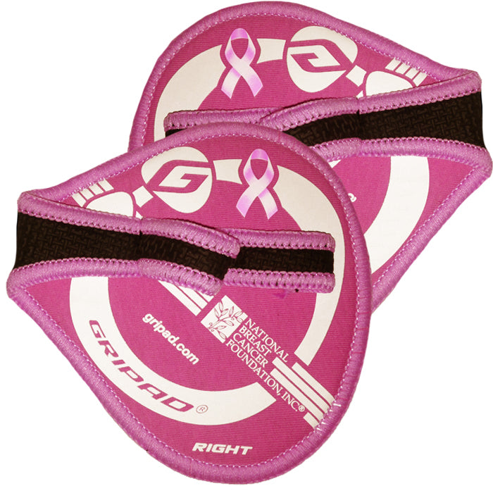 Pink elbow pads with a logo and text on a white background