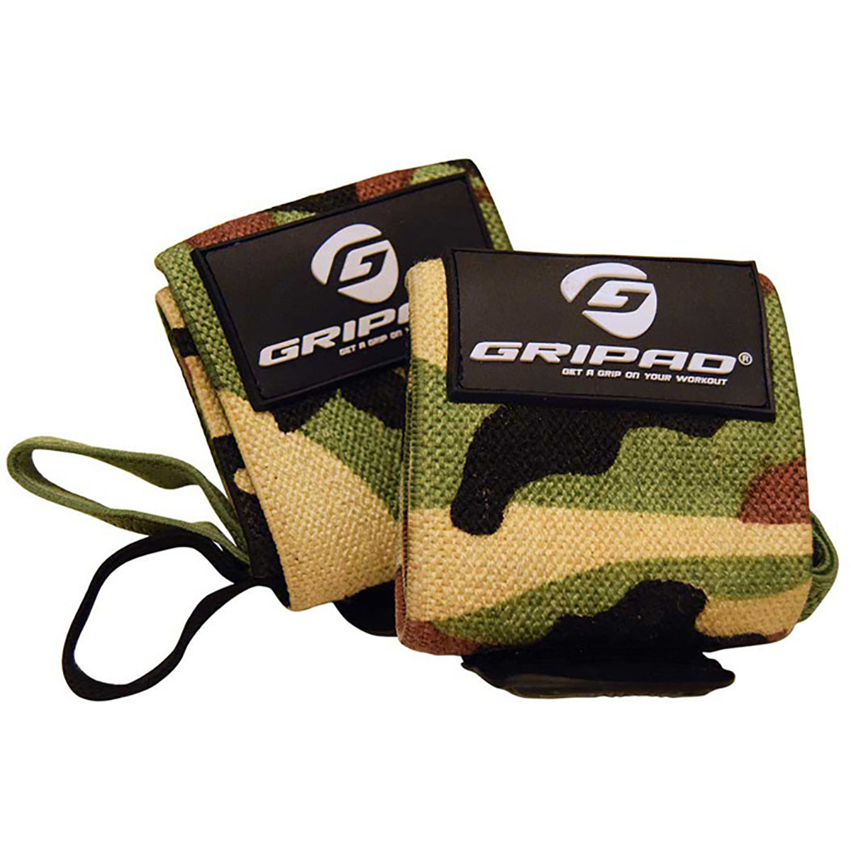 Two camouflage wrist wraps with Gripad logo on a white background