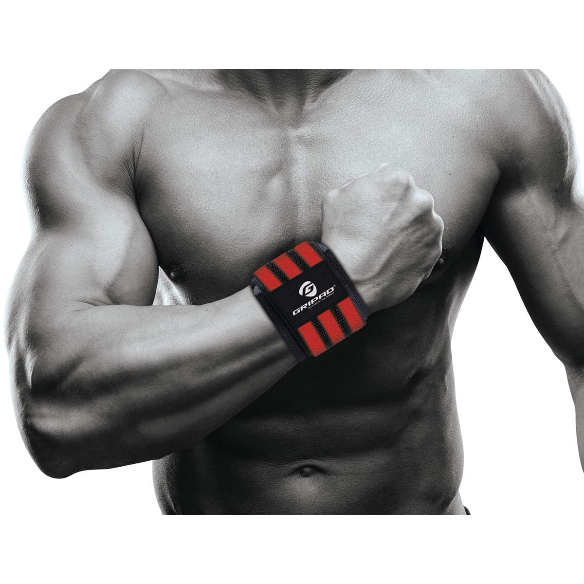 Person wearing a red and black wrist wrap on a white background