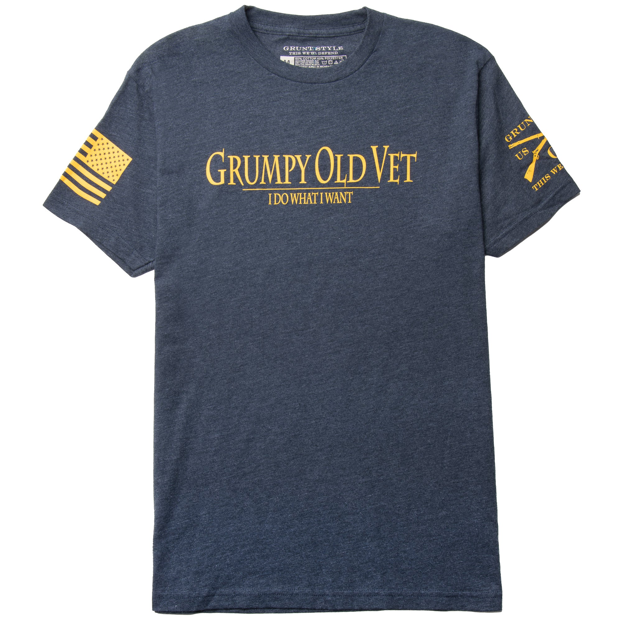Blue t-shirt with yellow text and graphics on a white background