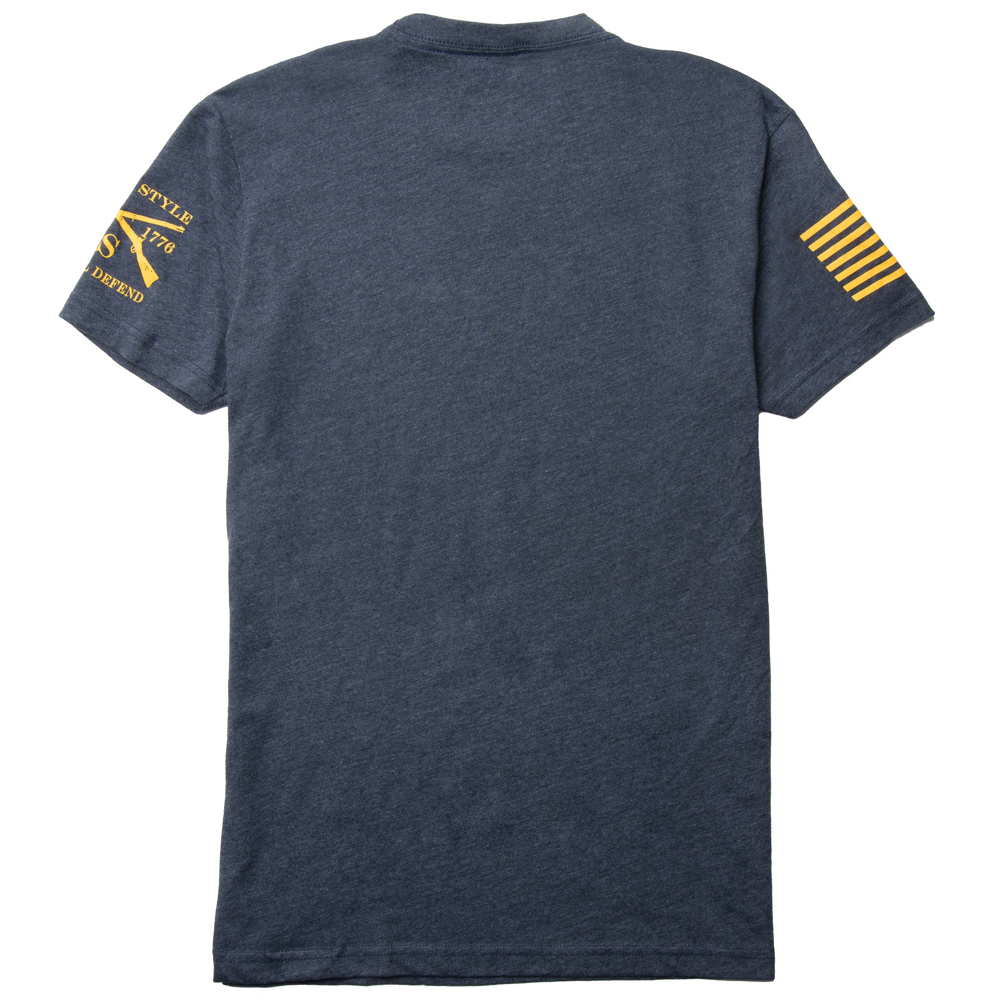 Navy t-shirt with yellow graphics on the back and sleeves against a white background