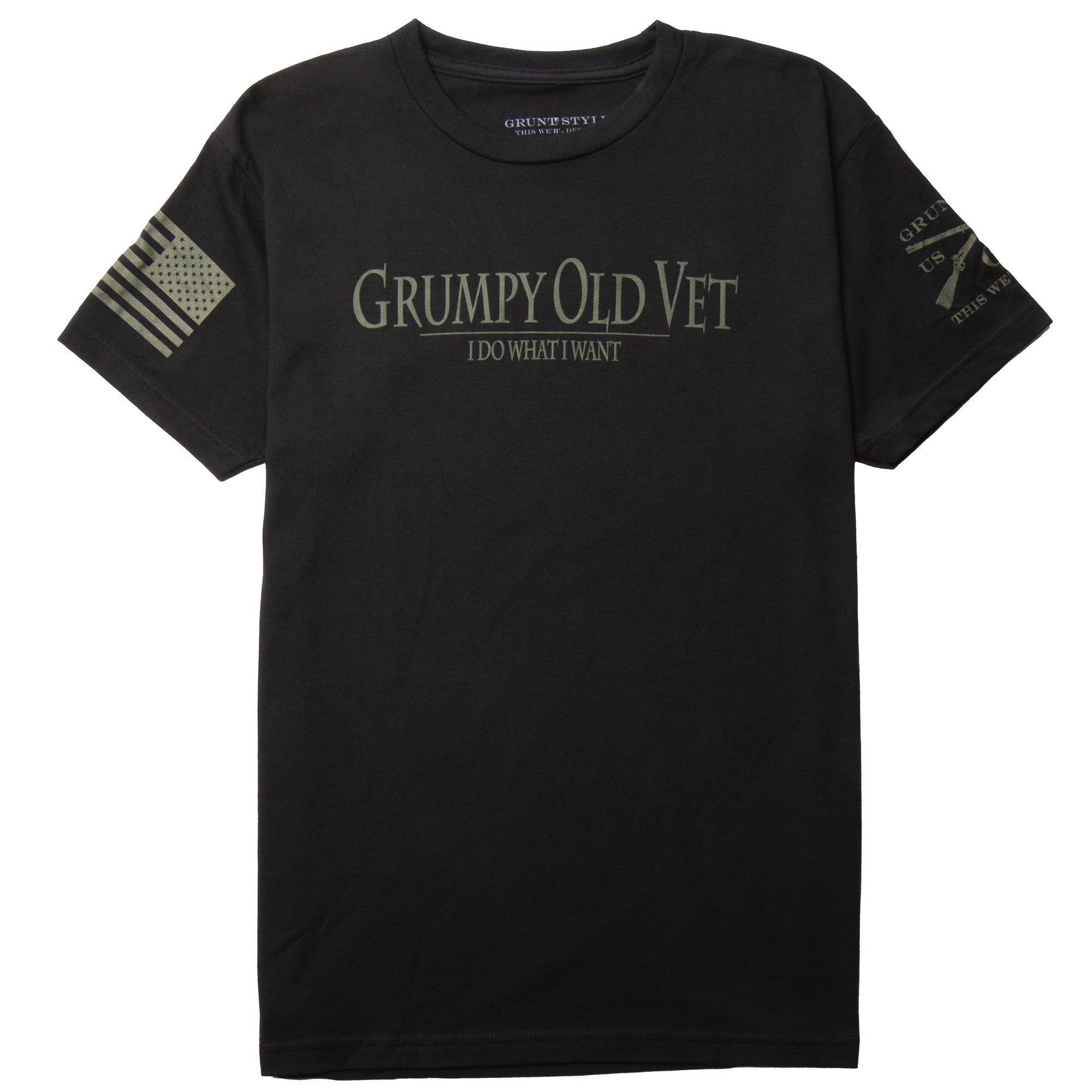 Black t-shirt with 'Grumpy Old Vet' text and sleeve designs on a white background
