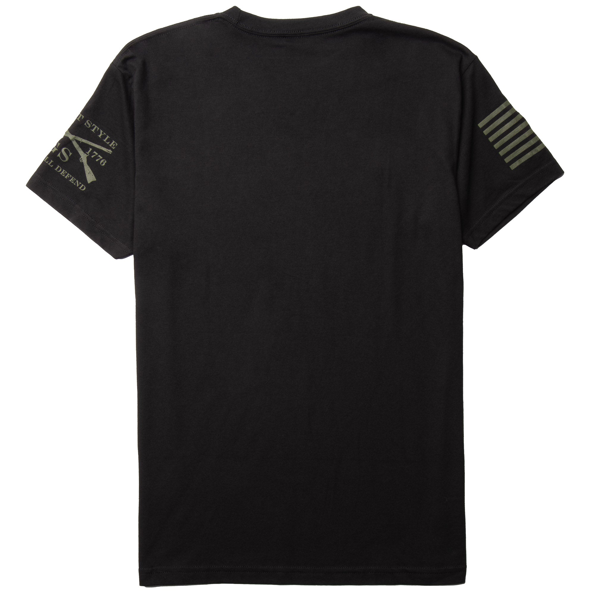 Black t-shirt with military-style graphics on sleeves against a white background