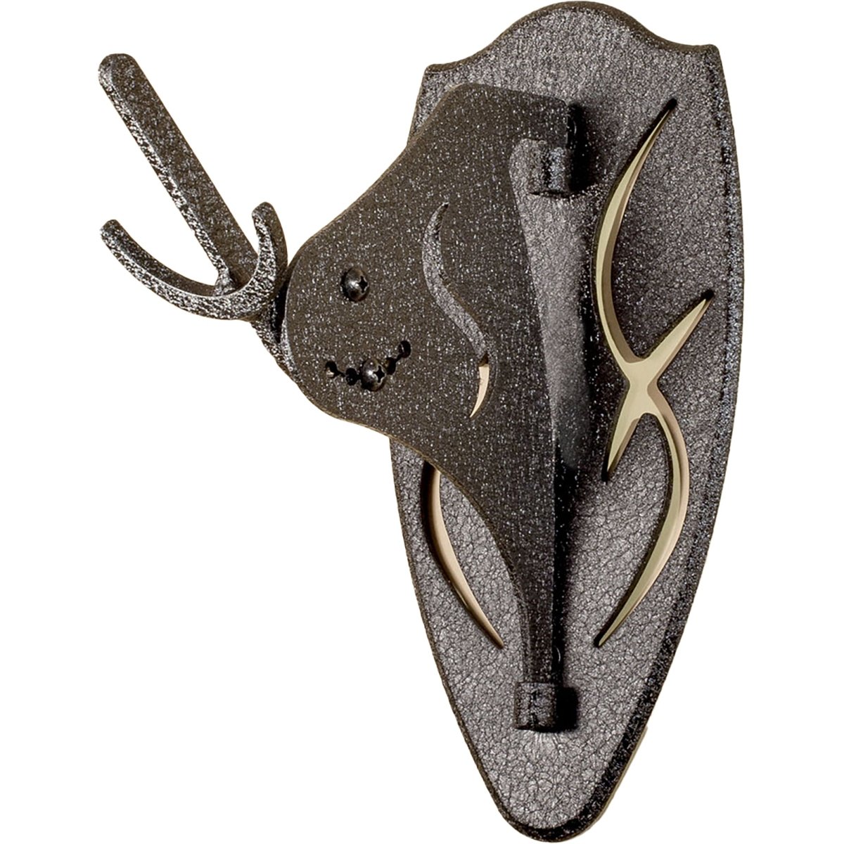 Decorative wall hook shaped short arm trophy mount like a deer head with antlers on a white background