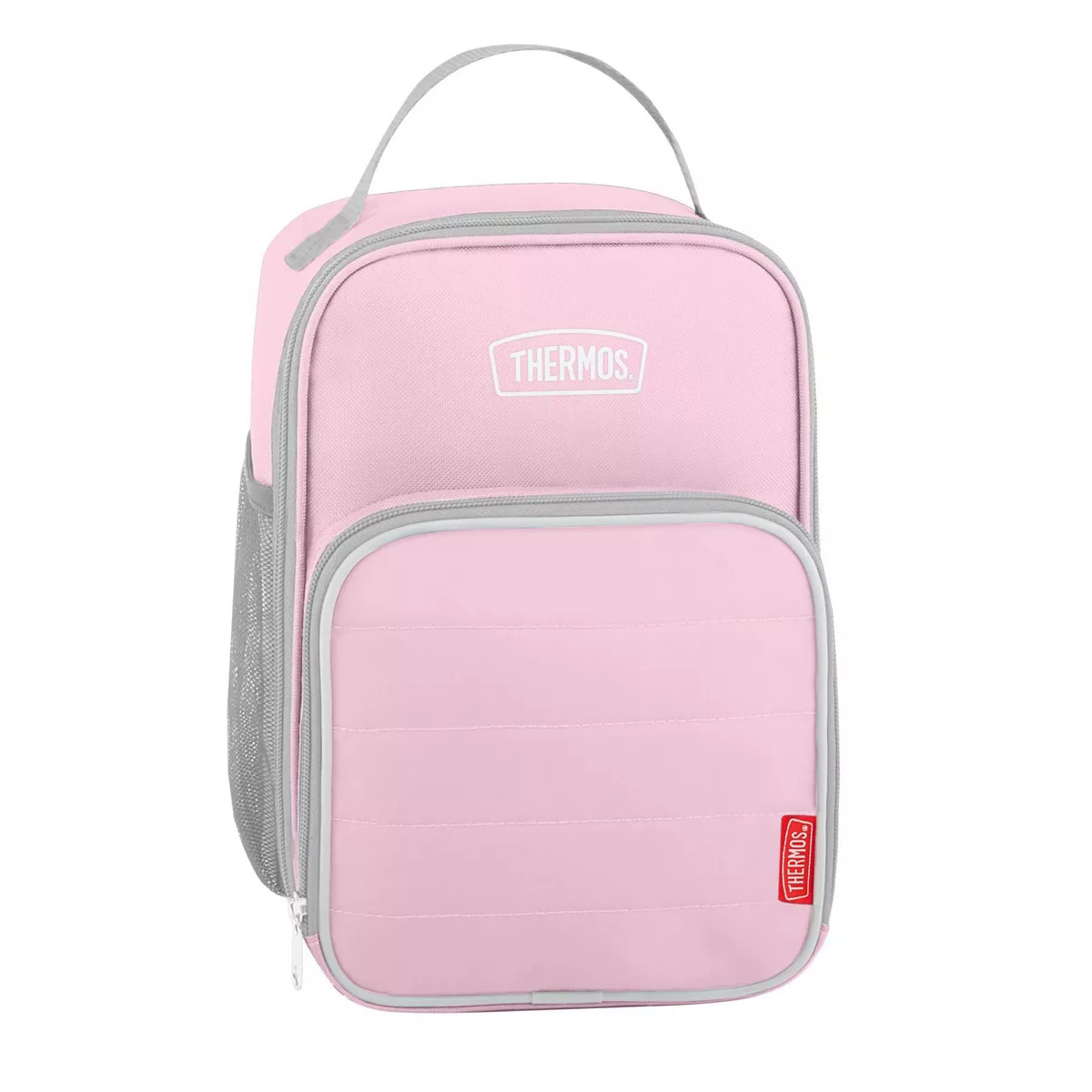 Pink thermos bag with gray accents on a white background