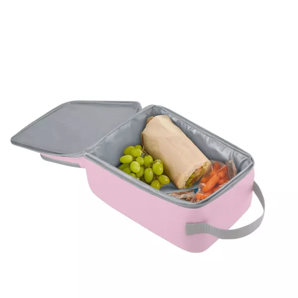 Pink lunch box with a gray interior containing a wrap, grapes, and carrots on a white background.