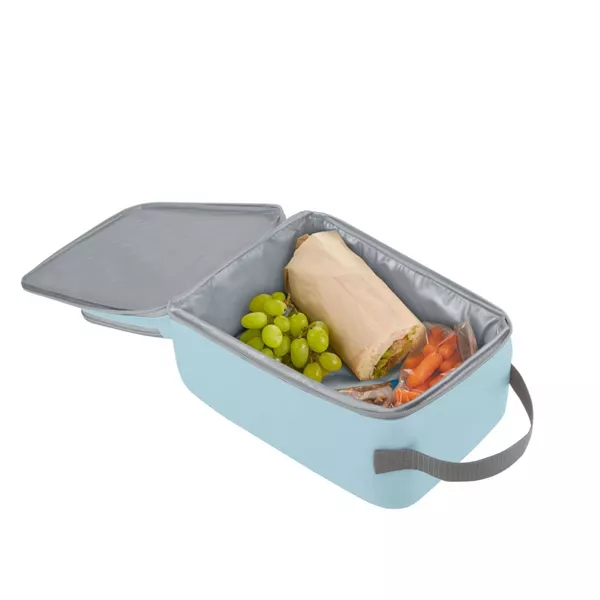 Light blue lunch box with a gray interior containing grapes, a wrap, and carrots on a white background.