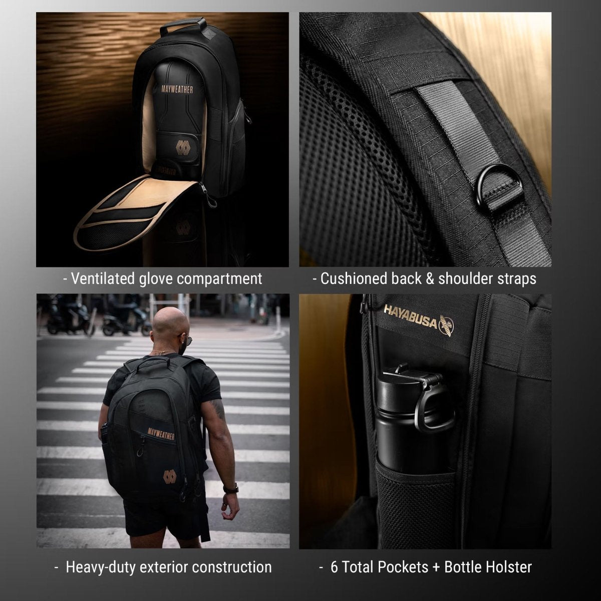 Hayabusa Mayweather Boxing Backpack, Black/Gold, One Size - Forza Sports