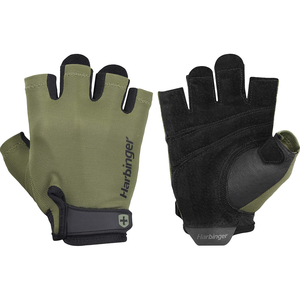 Pair of green and black Harbinger gloves on a white background
