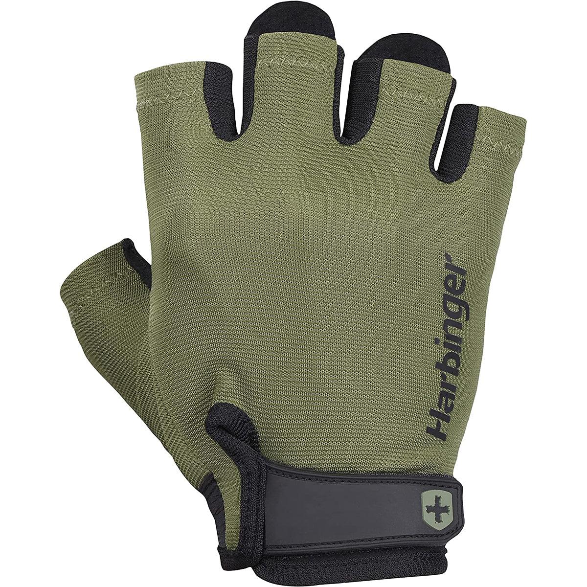 Green fingerless glove with black accents on a white background, featuring the Harbinger brand.