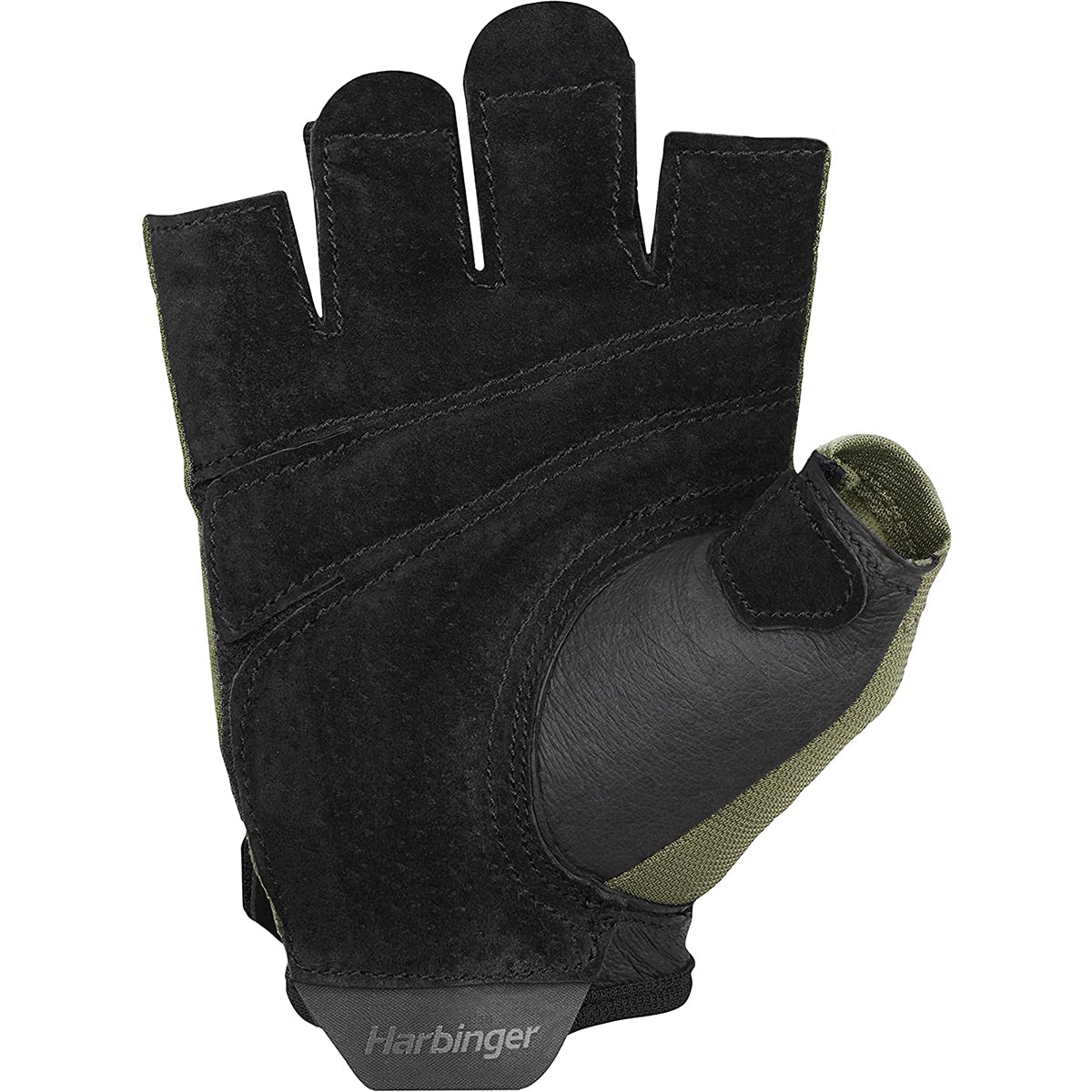 Black and green weightlifting glove with 'Harbinger' branding on a white background